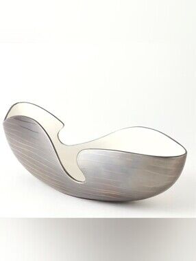 Global Views Platinum Stripe Ceramic Wave Bowl Made in Portugal Centerpiece